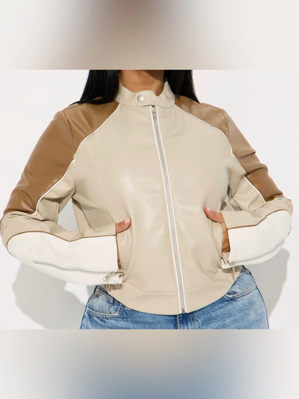 Women's Colorblock Faux Leather Jacket - Cream & Tan